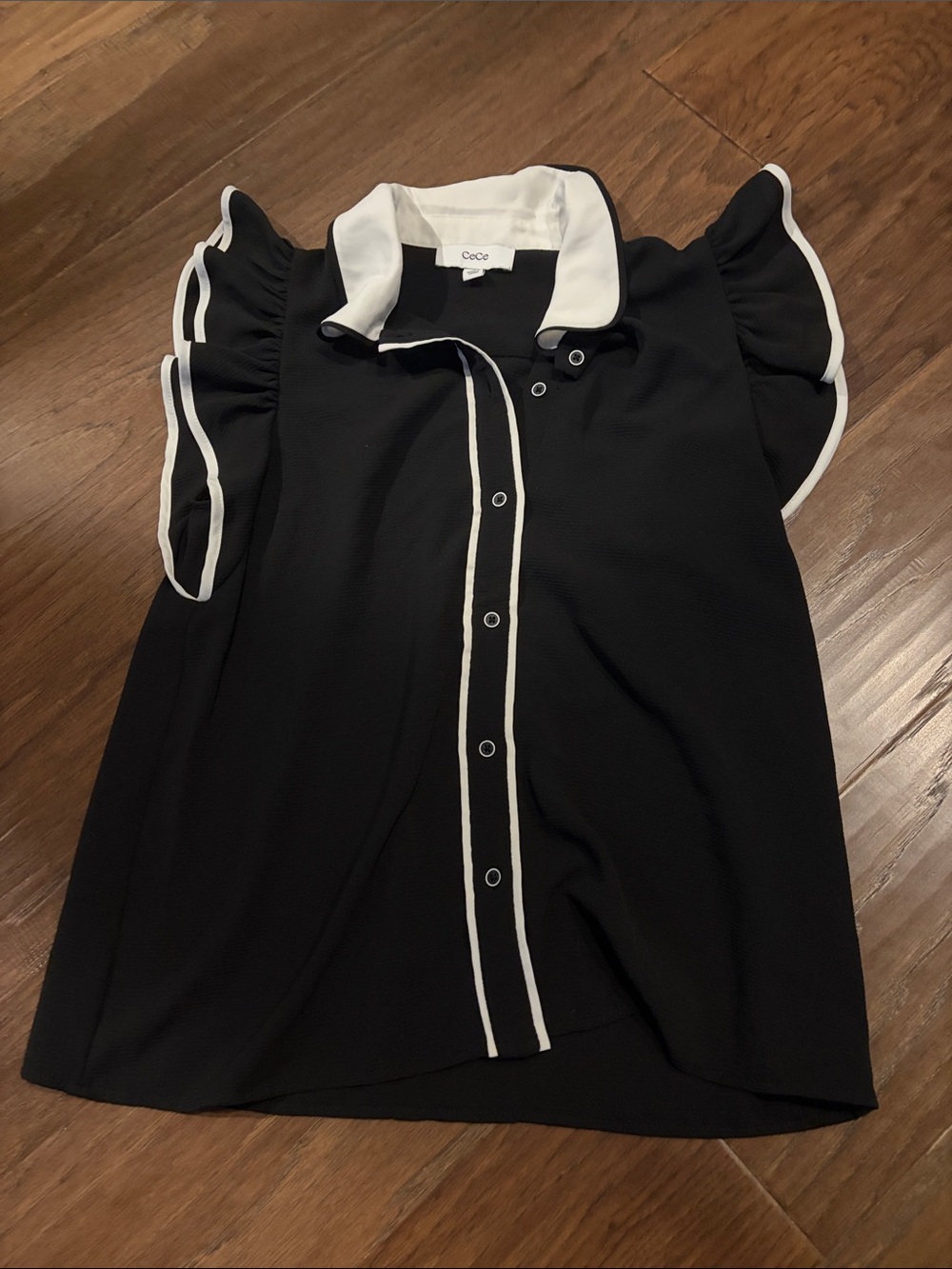 CeCe Black Dress with White Trim and Ruffle Sleeves
